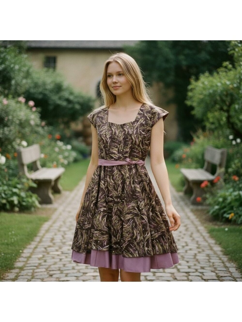 Handmade y2k Craftsmanship Vintage Style Floral Wheat Print Fit Flare dress